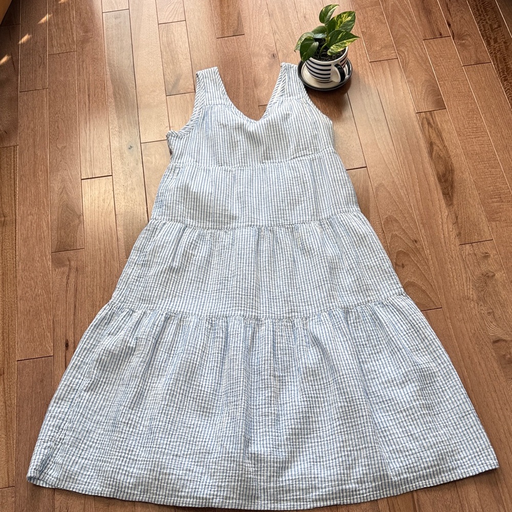 Quince 100% cotton striped gauze tiered maxi sundress dress M fully lined